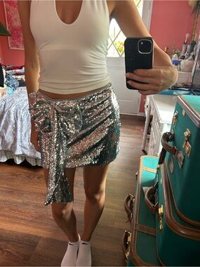 Forever 21 Silver Sequin Mini Skirt with Side Bow Accent